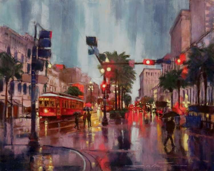 Rainy Morning on Canal Street, pastel - Alan Flattmann